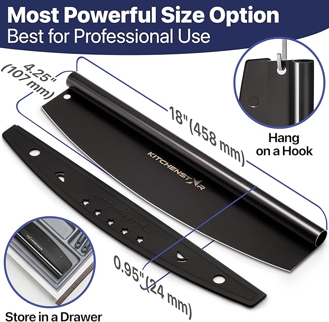 KitchenStar 18-Inch Pizza Cutter Rocker Blade - Sharp Stainless Steel Slicer Knife, Protective Cover, Black, Extra Large - Commercial Pizza Oven Accessories