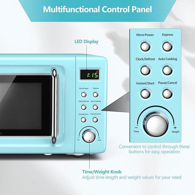 Moccha Retro Microwave, 0.7Cu.ft Compact Microwave, 700-Watt Countertop Microwave Ovens w/5 Micro Power, Delayed Start Function, LED Display, Child Lock, Small Microwave (Green)