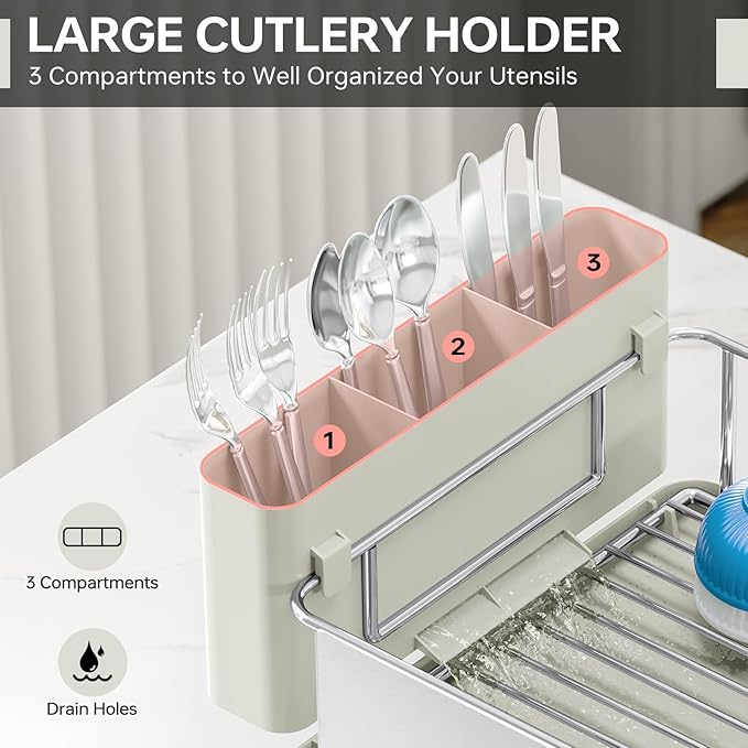 Stainless Steel Dish Drying Rack - Large Capcity 304 Grade Dish Drainer for Kitchen Counter with Drain Board, Utensil Holder & Detachable Cup Shelf, Rustproof Multifunctional Organizer, Light Green