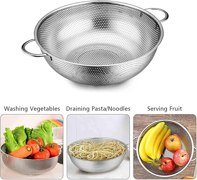 TeamFar Stainless Steel Colander, 5QT Micro-Perforated Metal Colander Food Strainer with Handles, for Draining Washing Rinsing Steaming, Non Toxic & Dishwasher Safe, Solid Construction & 3 Stable Feet