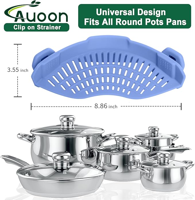 AUOON Clip on Strainer for Pots and Pans - Silicone Food Strainer for Draining Pasta, Spaghetti, Noodles, Fruits, Vegetables, Grease, Ground Beef (Blue Velvet)