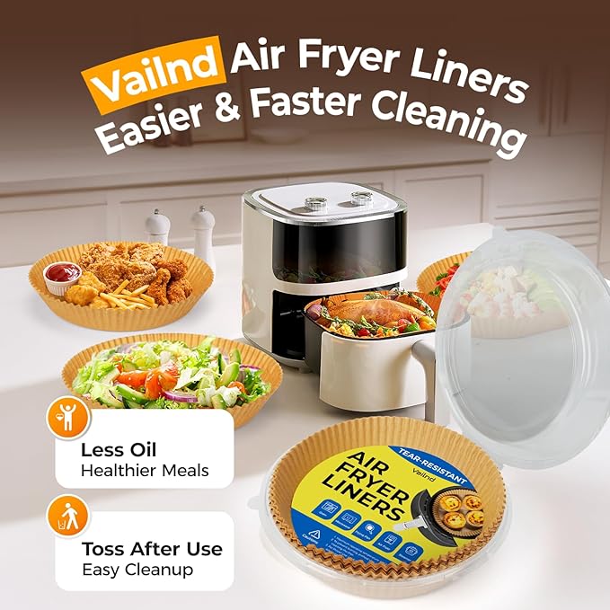 Vailnd Air Fryer Liners Disposable for Ninja, 150 Pcs 8" Round Airfryer Paper Liner Heavy-Duty, Non-Stick and Grease-Proof Parchment Paper Sheets for 5-8 qt Basket Air Fryers Oven Steamer