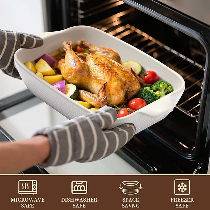 Ceramic Casserole Dishes Set of 3, Stoneware Baking Pans for Oven, Rectangular Lasagna Dish & Bakeware Set, Red (14.7’’/12.4’’/10.3’’)