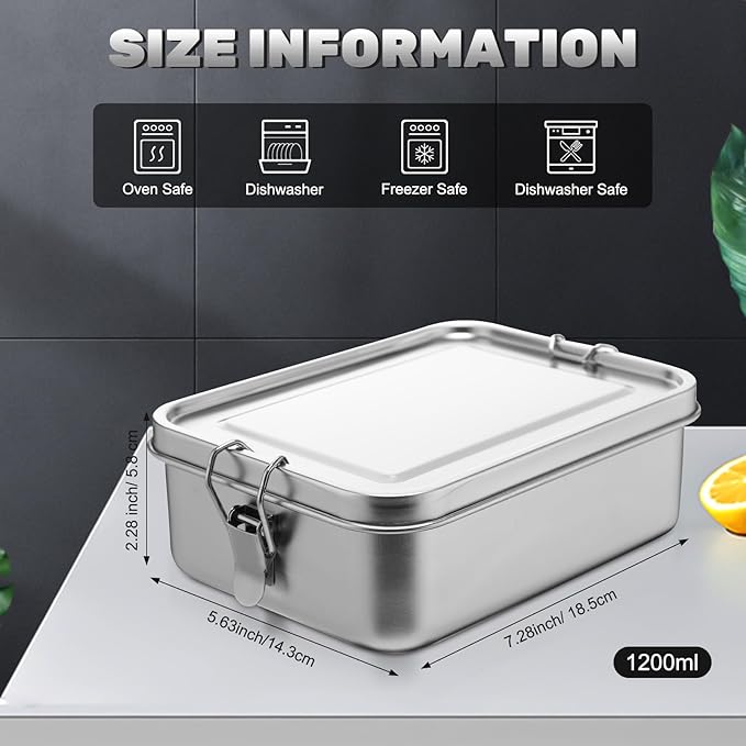 Umigy 1 Pcs Stainless Steel Food Containers 1200ml Metal Bento Lunch Box Stainless Steel Food Storage Containers, Lockable Clips to Leak Proof, Reusable Dishwasher Snack Boxes for Work, Picnic