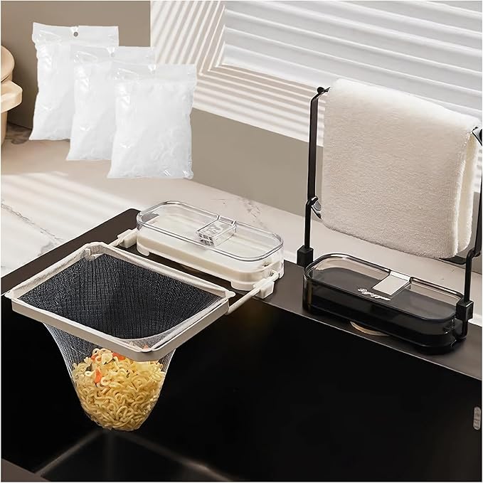 Sink Drain Strainer 2025 New Suction Cup Sink Kitchen Net Strainer Colander Collapsible Corner Sink Strainer Over for Food Waste Filtering Kitchen Leftover Have Mesh Bags (B+W, Filter 150Pcs)