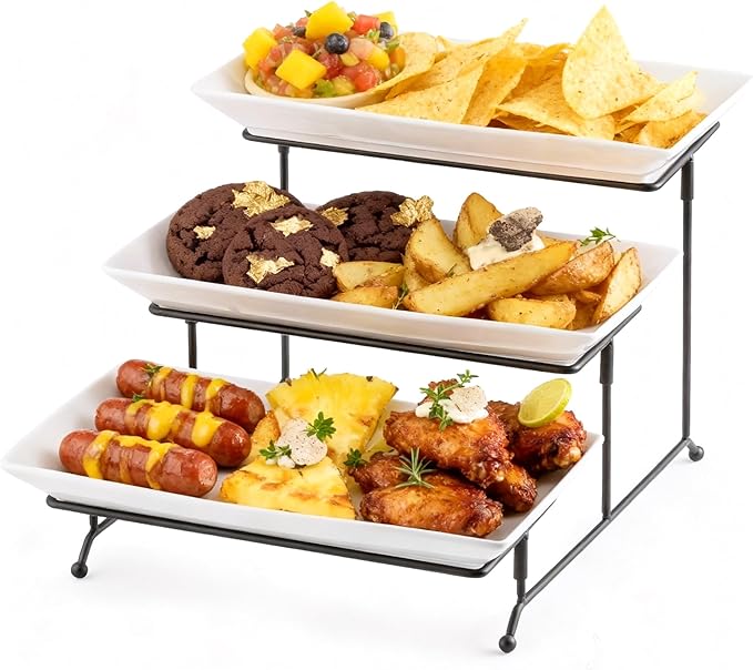 Gomakren 3 Tier Serving Trays Stand Porcelain Serving Platters 12 Inch White Serving Plates Dinner Platters for Appetizer Snack Fruit Cup Cake Tray Display Serving Dishes for Entertaining