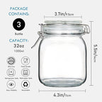 YEBODA 32oz Food Storage Canister Glass Jars with Clamp Airtight Lids and Silicone Gaskets for Multi-Purpose Kitchen Containers - Clear Square (3 Pack)