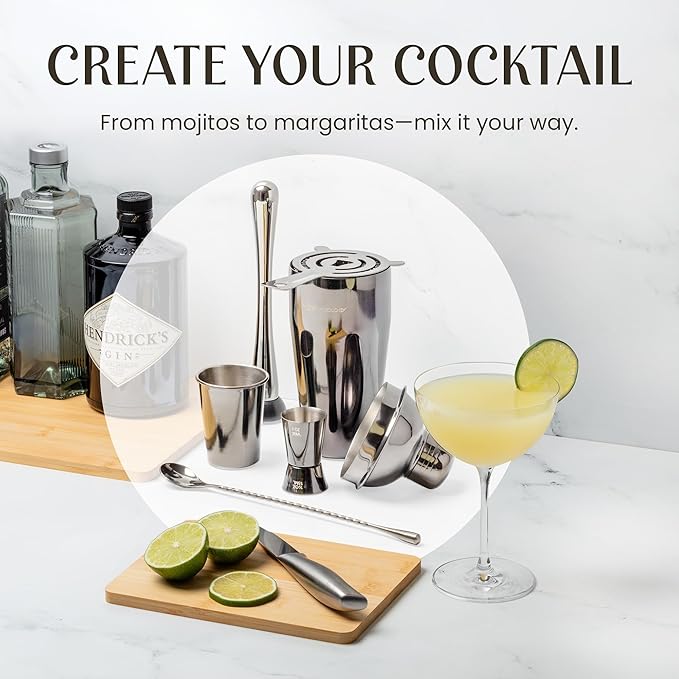 Modern Mixology 21-Piece Cocktail Shaker Set with Stand, Bartender Kit for Home Bar Accessories: 24oz Martini Shaker, Jigger, Strainer, Bar Spoon, Tongs, Opener, Muddler (Silver, Dark Brown Stand)