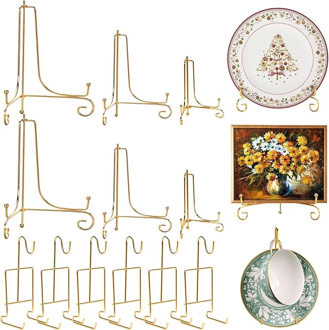 6 Pcs 3 Size Gold Plate Stands for Display, 4 6 8 Inch Plate Holder & 6 Cup and Saucer Display Stand for Displaying Picture Frames, Book, Card, Mug Organizer, Bowl, Decorative Plates, Tablet and Art