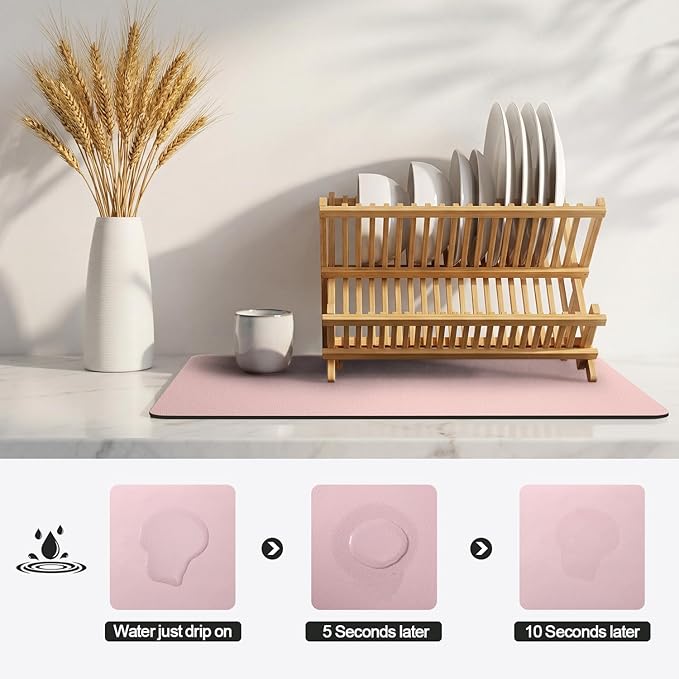 Ecotrim - Dish Drying Mat for Kitchen Counter | Coffee Bar Mat for Countertops | Heat Resistant Drainer Mat with Non-slip Rubber Backed | Hide Stain Kitchen Absorbent Draining Mat | Pink 16"x18"