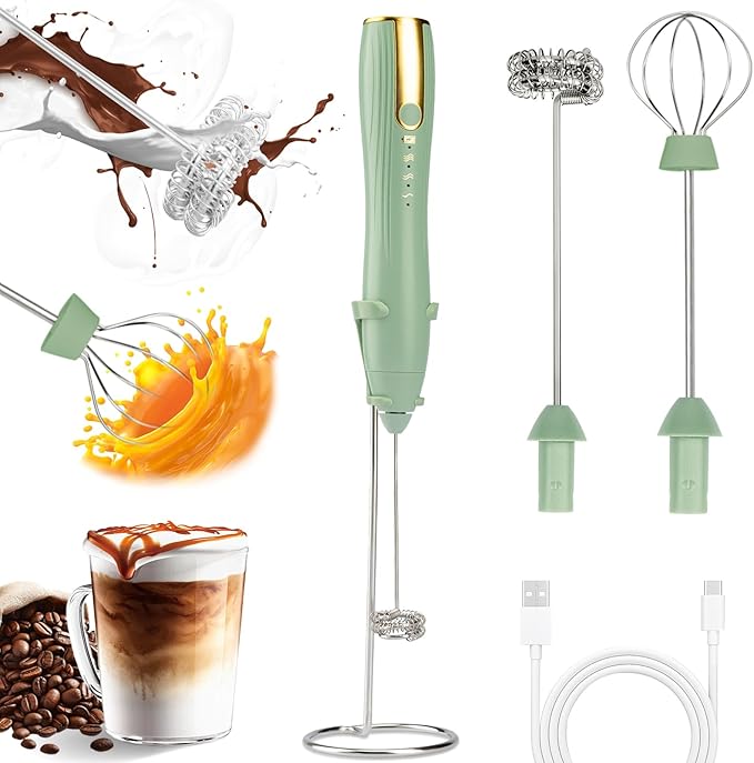TonJin Frother Wand Rechargeable USB-C Milk Frother Handheld Mixer Electric with 2 Whisk Heads, 3 Speeds Adjustable Coffee Drink Mixer with Stand for Lattes, Matcha, Hot Chocolate, Egg, Matcha(Green)