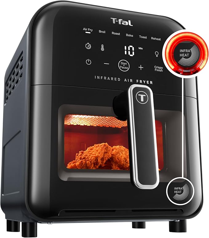 T-fal Infrared Air Fryer, 2x Faster Than Traditional Heating*, Large Air Fryer Toaster Oven Combo, 6 Qt Digital Touch Screen, 7-in-1 Cooking Functions, No-Shake Technology, 1550W, Black,