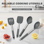 TeamFar Kitchen Utensils, 4PCS Heat-proof Silicone Cooking Utensils Set Slotted Spatula Solid Turner Spoon with Stainless Steel Handle, for Non-stick Cookware Flipping, Frying, Draining – Gray