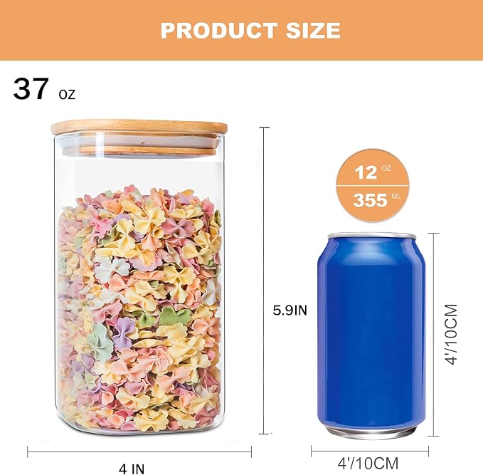 YUNCANG Glass Storage Jars 6 Pack 37oz Clear Glass Food Storage Containers with Airtight Bamboo Lid Stackable Kitchen Canisters for Candy,Cookie,Rice,Sugar,Flour,Pasta,Nuts and Spice Jars(Square)