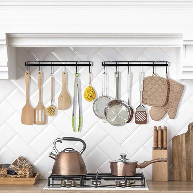 YiZhi Adhesive Wall Hooks Rack Kitchen Rail, Space Saving Utensil Holder No Drilling Wall Mounted Accessory Hanger with 6 Hooks for Kitchen Bathroom Bedroom Pack of 2 (Black)