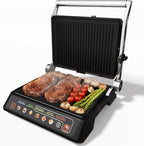 Sunvivi Indoor Grill & Griddle with Preset Menu, 1600W Electric Panini Press Sandwich Maker, Removable Nonstick Plates, Locking Lid, Double-sided Grill with 180° Flat Opening, Stainless Steel, Black
