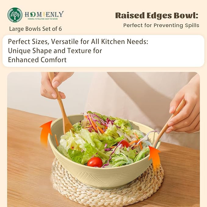 Homienly Salad Bowls Set of 6, 60 OZ Large Wheat Straw Bowls for Kitchen, Camping, Party, Unbreakable Lightweight Popcorn Bowl, Microwave and Dishwasher Safe Bowl Set with Unique Texture - Beige