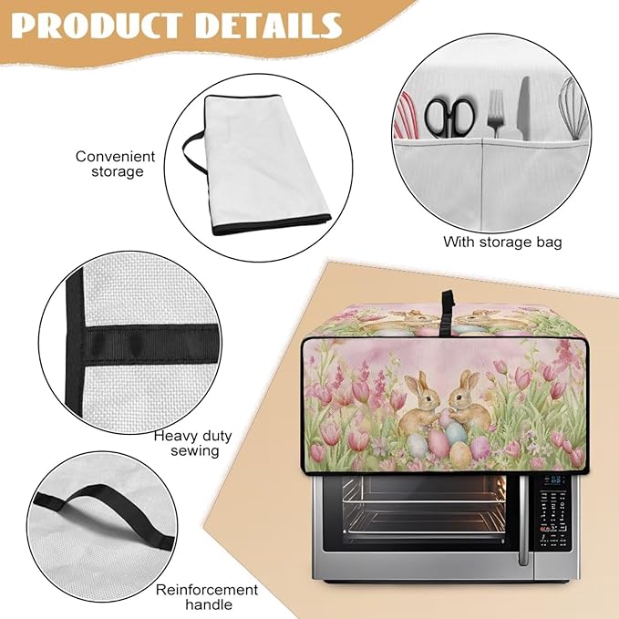 Easter Egg Bunny Tulip Print Toaster Oven Cover for Easter Decor, Dust-proof Case for Air Fryer, Heat-resistant Kitchen Countertop Appliance Protector, (Small-14.5*18.46*9 inches)