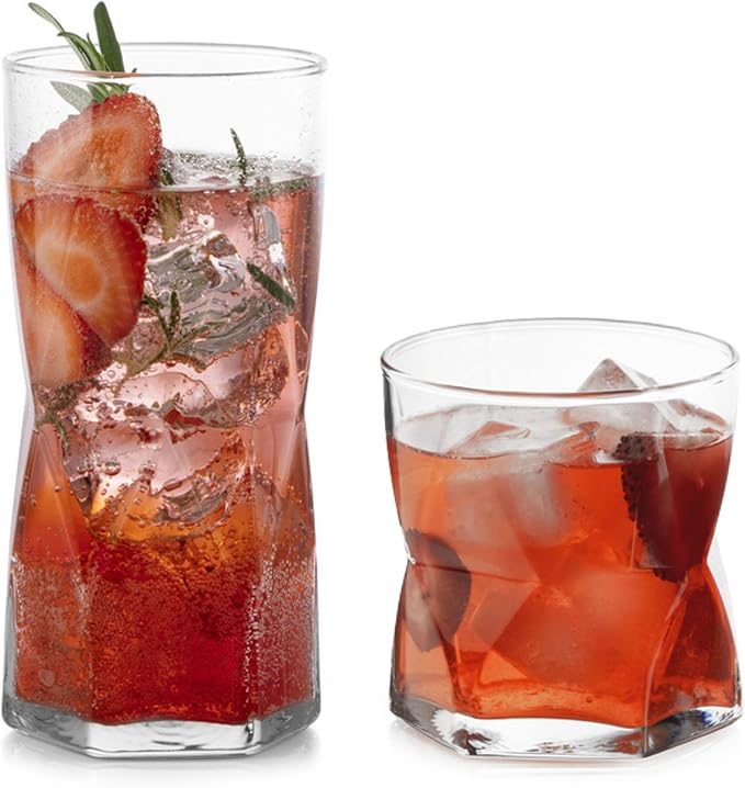 Libbey Rhombus Tumbler and Rocks Drinking Glasses Set of 16, Fun Geometric Glass Cups Set, Kitchen Glasses Set for Cocktails, Water, and Everyday Use