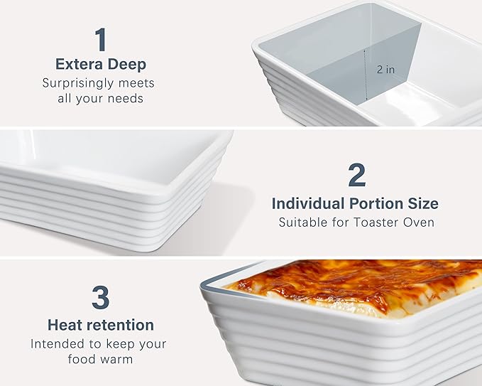 ONEMORE Small Baking Dish, Rectangle Ceramic Baking Dish for Oven, Individual Casserole Dishes for Toaster Oven, 5x7 Small Deep Lasagna Baking Dish, Oven Safe, 1-2 Person Baking Dishes Set of 4, White