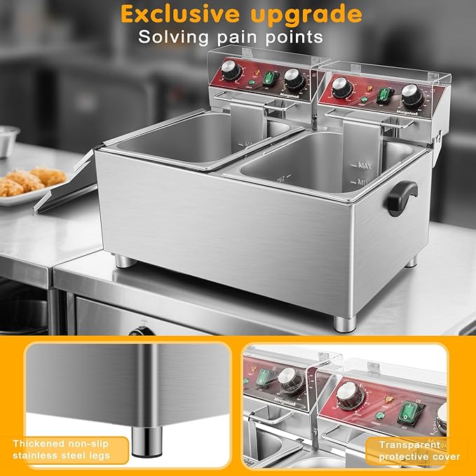 Mvegoiuok Commercial Double Deep Fryer With 2 Basket large deep fryer 3600W Electric Oil Fryer Pot for Home Use 25QT Fish Fryer With Oil Filtration Stainless Steel Frier