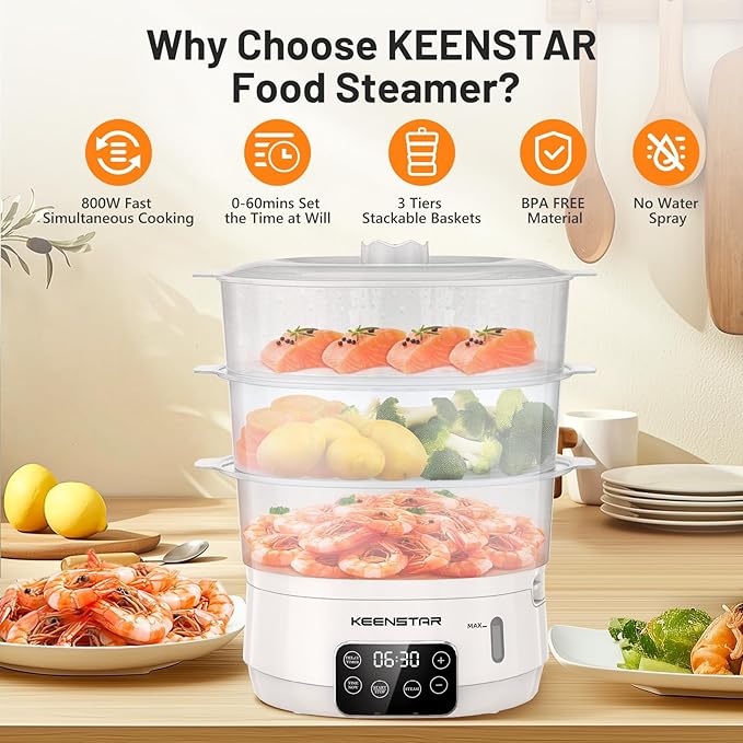 Electric Food Steamer, 13.7QT Vegetable Steamer with 3 Tiers BPA-Free Baskets, Digital Steamer with Appointment and Timer, 800W Simultaneous Cooking, Ideal for Veggies Seafood Rice White