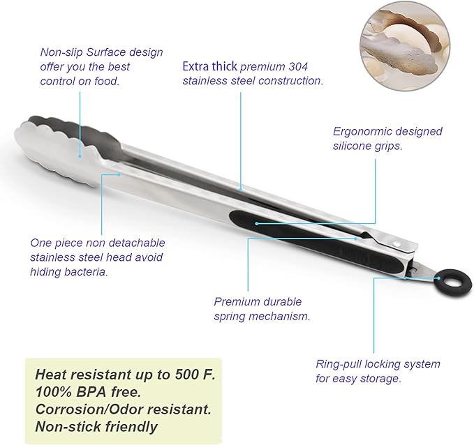 304 Stainless Steel Kitchen Cooking Tongs, 14" and 16" Set of 2 Sturdy Grilling Barbeque Brushed Locking Food Tongs with Ergonomic Grip, Black