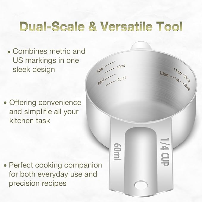 2PCS 1/4Cup (60ml, 2oz) Single Measuring Cup, Etched Inner Scale Stainless Steel Measure Scoop, Metric and US Measurement, Dishwasher Safe