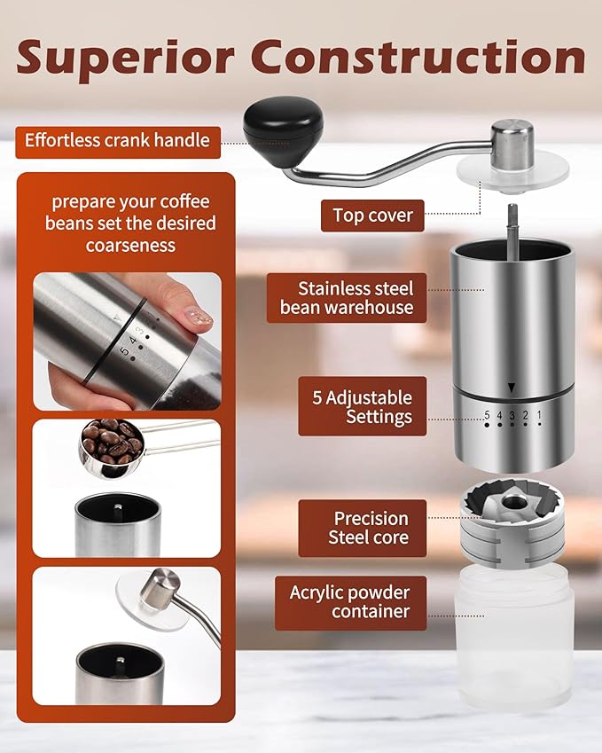 Stainless Steel Burr Manual Coffee Grinder For Drip,French Press,5 Adjustable Settings,Hand Mill with Built-In Burr,For Home Use and Camping (Stainless Steel burr-Sliver)