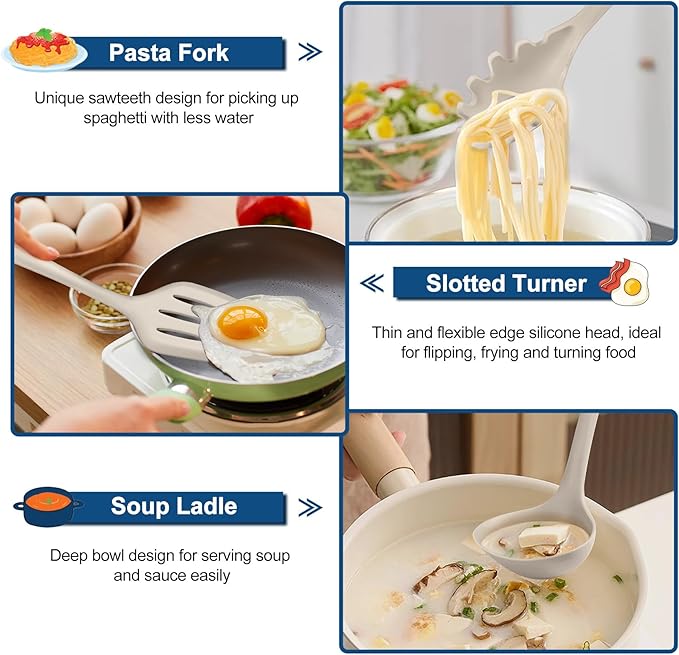 TeamFar Silicone Cooking Utensils, 7 PCS Heat Proof Kitchen Utensils Set, Kitchen Tools Spatula Turner Ladle Spoon Pasta Fork for Nonstick Cookware, Non-Toxic & Dishwasher Safe, Khaki