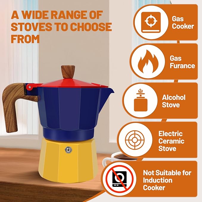 3 Cup Aluminum Espresso Stovetop Moka Pot Express Coffee Maker Percolator Italian Classic Mocha Coffee Machine for Italian and Cuban Cafe Brewing for Home & Camping 150ml 5oz