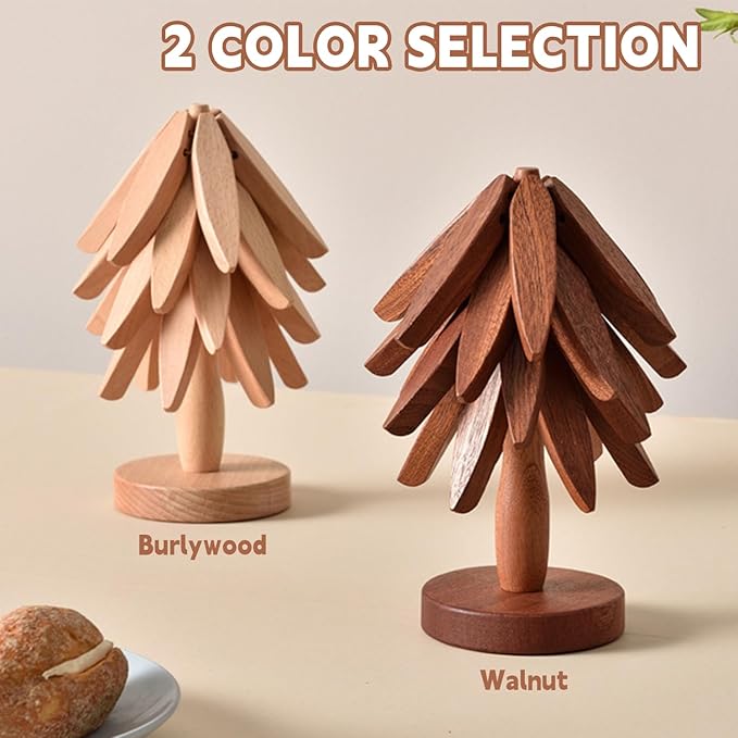 Wooden Trivets for Hot Dishes, Tree Shape Trivet Set, 4 Walnut Wood + 1 Stand stored Like a Christmas Tree,Foldable Kitchen Wooden Trivet,for Hot Dishes、Pot、Bowl、Teapot、Hot Pot Holder(Walnut Wood)