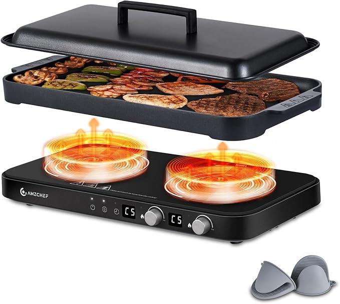 AMZCHEF Double Induction Cooktop with Removable Griddle Pan Non-stick, 1800W 2 burner Portable Induction Stove With Sensor Touch 9 Power Levels, 99 Min Timer, Black