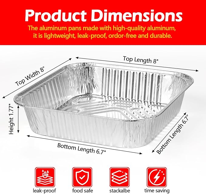 8x8 Aluminum Foil Pans, 35 Pack Disposable Trays Half Size Heavy Duty Tin Pans Deep Food Containers For Cooking, Meal Prep, Baking, Roasting, Chafing, Heating or Steam Table