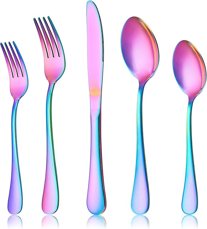 LIANYU Rainbow Flatware Cutlery Set, 20 Piece Stainless Steel Colorful Silverware Set for 4, Tableware Eating Utensils, Mirror Finish, Dishwasher Safe