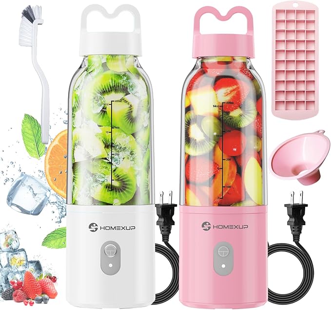 2PCS Portable Personal Blender 17 OZ/500 ML Juicer, 175W Personal Size Blender, Ideal for Smoothies, Ice Blending, Juicing, and Food Processing, Compact, Convenient, and Versatile (Pink&White)