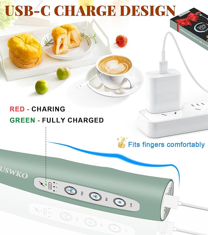 YUSWKO Milk Frother Handheld for Coffee, Rechargeable Drink Mixer with 3 Heads 3 Speeds Electric Coffee Frother Whisk, Gift for Many Occasions and Festival