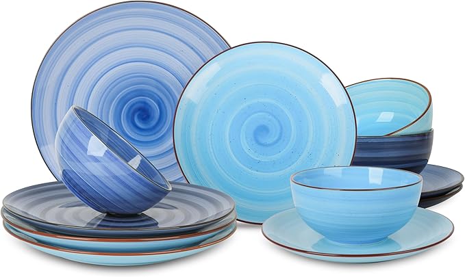Selamica Ceramic Dinnerware Sets, 12 Pieces Plates and Bowls Sets, Scratch Resistant Dishes Set for 4, Handpainted Swirl Dishware Sets with Spray Black Dots, Dishwasher&Microwave Safe, Gradient Blue