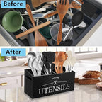 Kitchen Utensil Holder with 4 Compartments, Wooden Utensil Organizer for Countertop, Ideal for Storage and Organization, Rustic Cooking Utensil Kitchen Tool, Black