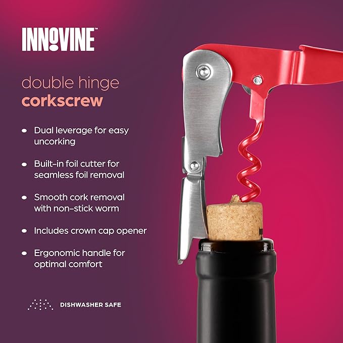 Innovine Double Hinge Corkscrew, Stainless Steel Wine Opener with Dual Leverage and Built-In Foil Cutter, Perfect for Home Bar, Travel, Camping, Picnic, Outdoor Party, Set of 1, Raspberry