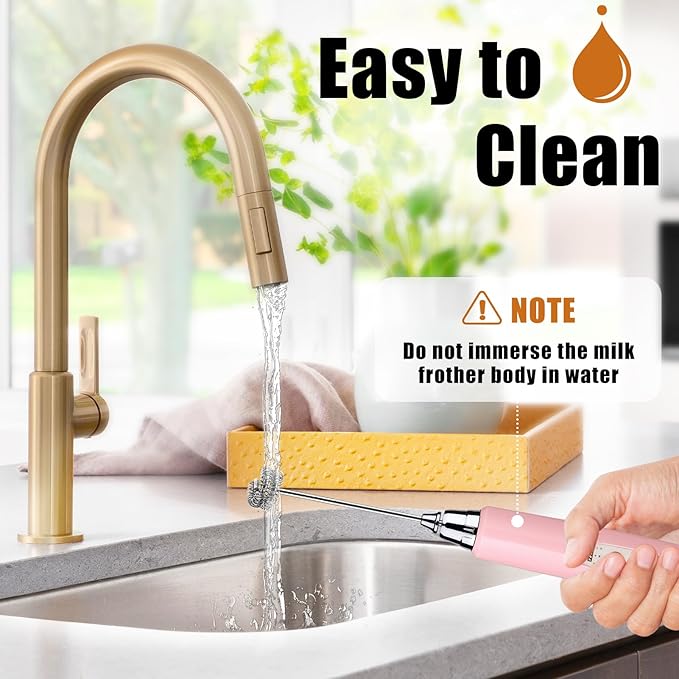 Nahida Pink Milk Frother Wand for Coffee, Frother Handheld Rechargeable Electric Whisk with 3 Heads 3 Speeds Drink Mixer Coffee Frother Foam Maker For Latte, Cappuccino, Hot Chocolate, Egg
