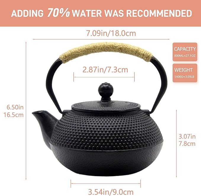 Japanese Tetsubin Cast Iron Teapot Tea Kettle pot with Stainless Steel Infuser for Stovetop Safe Coated with Enameled Interior (Black, 27.1oz)