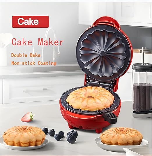 Cake Maker Machine for Lava Cake, Mini Donuts, Waffles, Pancakes - Breakfast, Snacks, Desserts - Non-stick Surface, Double-sided Heating, Red