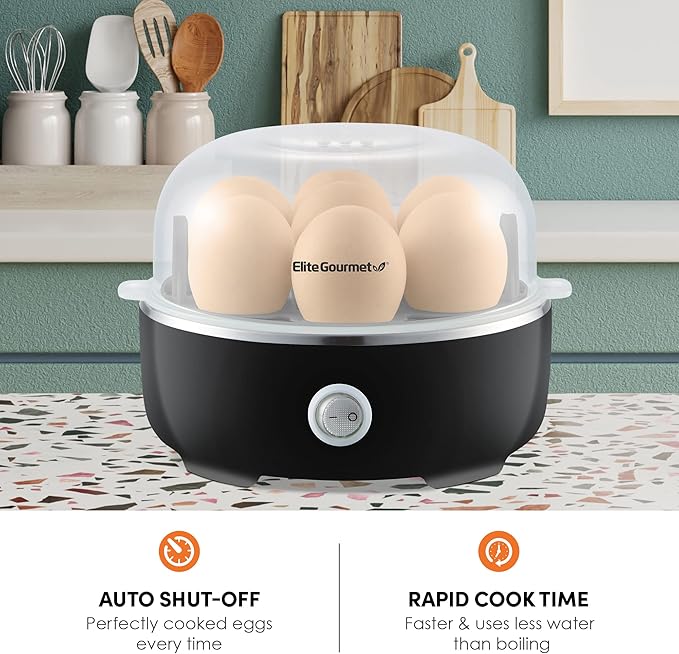 Elite Gourmet EGC115B Easy Egg Cooker Electric 7-Egg Capacity, Soft, Medium, Hard-Boiled Egg Cooker with Auto Shut-Off, Measuring Cup Included, BPA Free, Classic Black