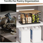 Pantry Organizers and Storage - Stackable Wire Basket with Lightweight PP Mat & Bamboo Top for Fruits Vegetables,Fruit Holder for Kitchen Countertop,Black