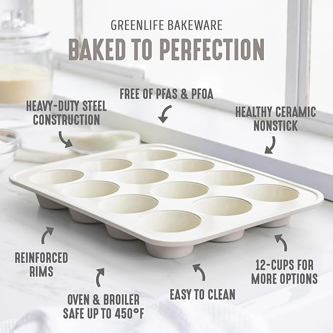 GreenLife 12-Cup Muffin Pan, PFAS-Free Healthy Nonstick Baking Tray, 11.4" x 1.9" x 15.9", Durable Ceramic Bakeware, Cupcakes, Egg Bites, Tarts, Brownies, Taupe