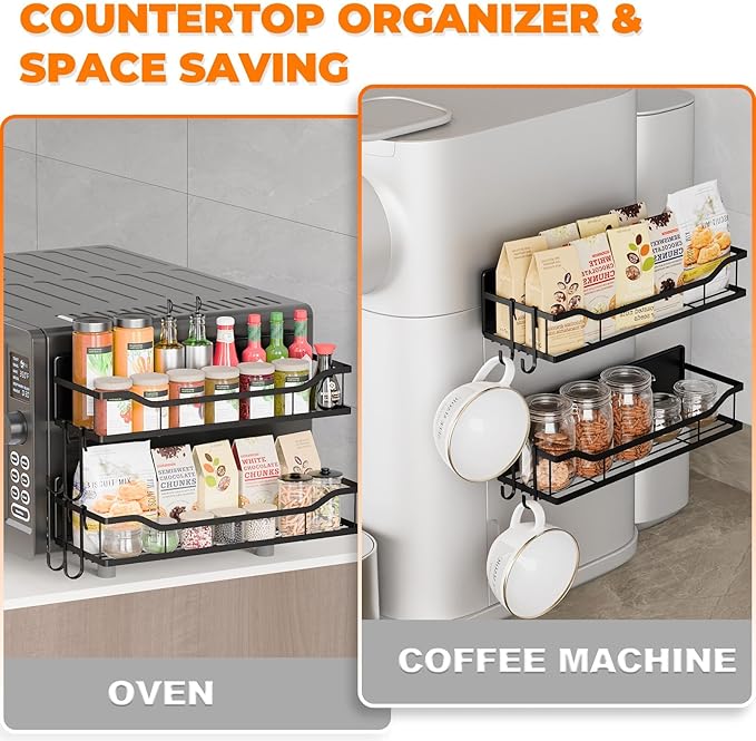 5 Pack Multifunctional Magnetic Shelves for Refrigerator Spice Rack & Washing Machine Organize, Include Paper Towel Holder, Kitchen Utensil Hanger and Hooks, Strong Magnet for Secure Hold (Black)