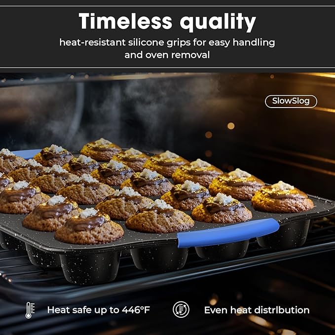 11-Piece Professional Stackable Baking Set, Oven-Safe Nonstick Cookware with Cool-Touch Handles - Features Cookie Sheet, Cake Pan, Muffin Tin, Pizza Stone & Bread Loaf Pan, Black&Blue