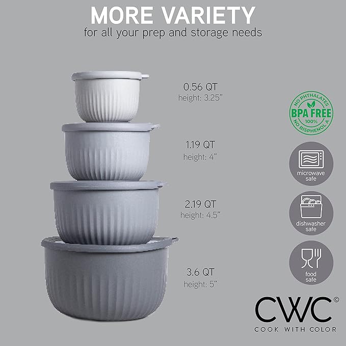 COOK WITH COLOR Prep Bowls with Lids- Wide and Deep Nesting Plastic Small Mixing Bowl Set with Lids, 8 Piece Set - Deep Bowls, Gray