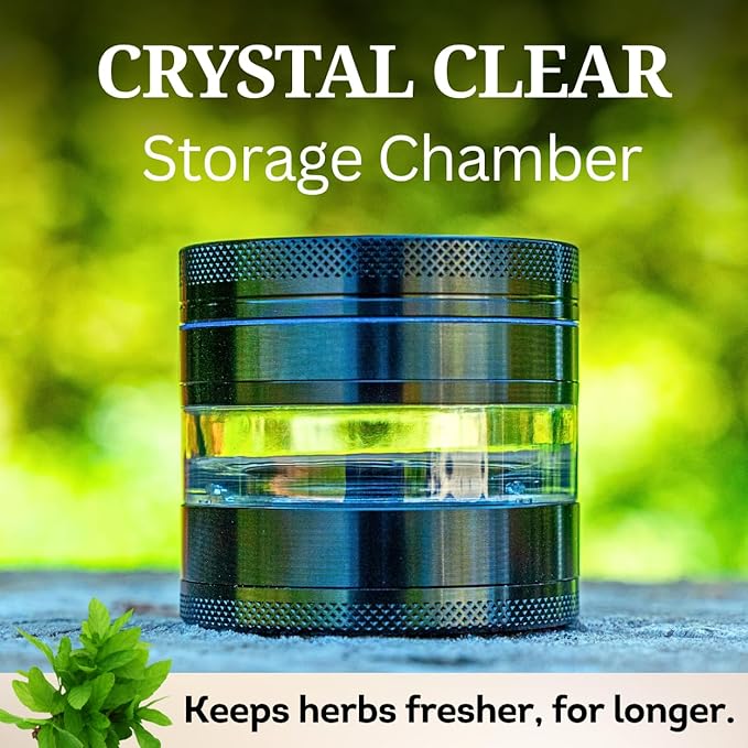 Clear Cut 4 Piece Herb Grinder – 2.75" Manual Dry Herb Grinder, Spice Mill with Transparent Storage Chamber & Diamond-Sharp Teeth, Aluminum Alloy, Portable, Easy-Clean Design